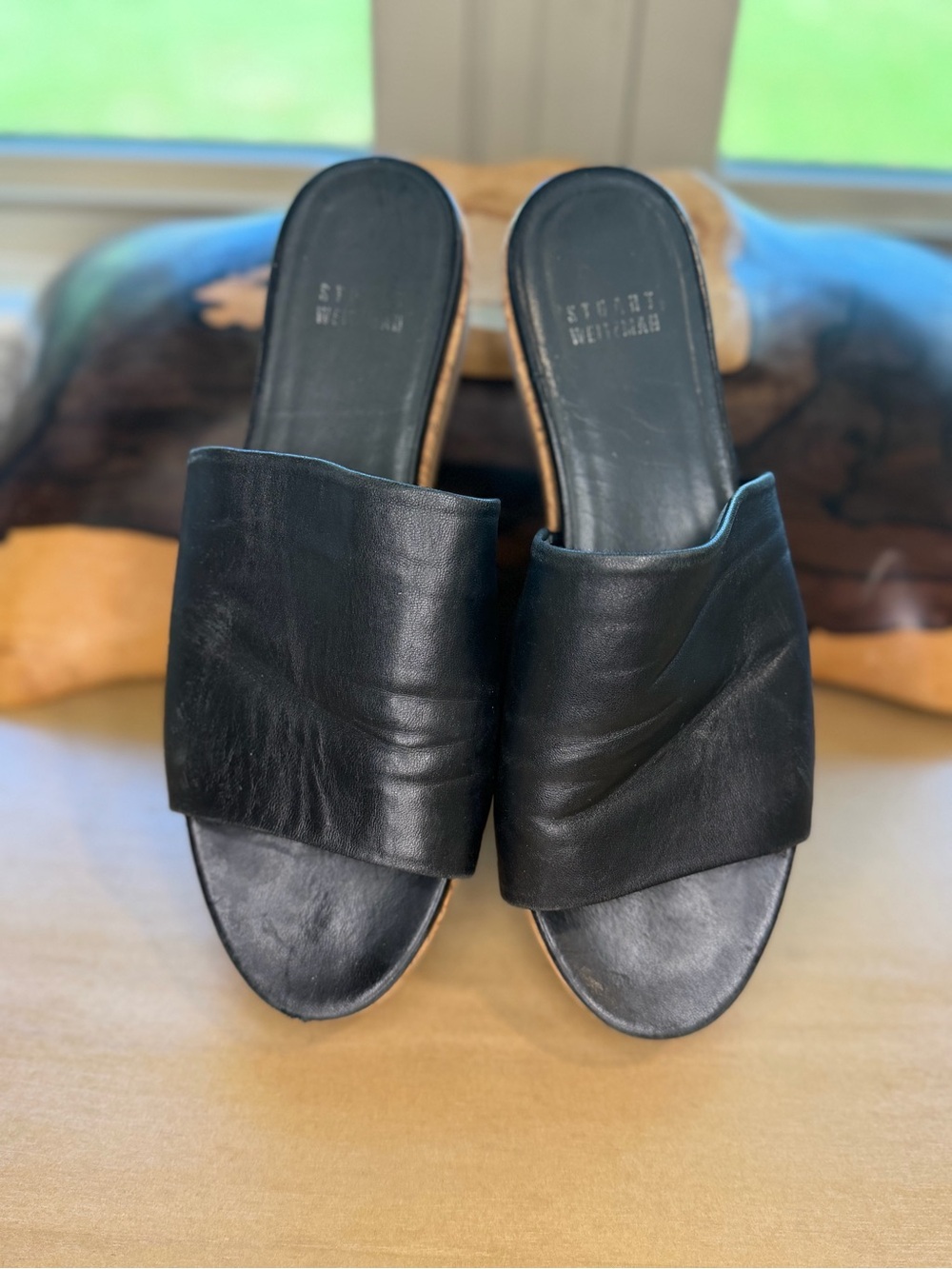 Stuart Weitzman Black Leather Slide Mules Womens Size 7.5